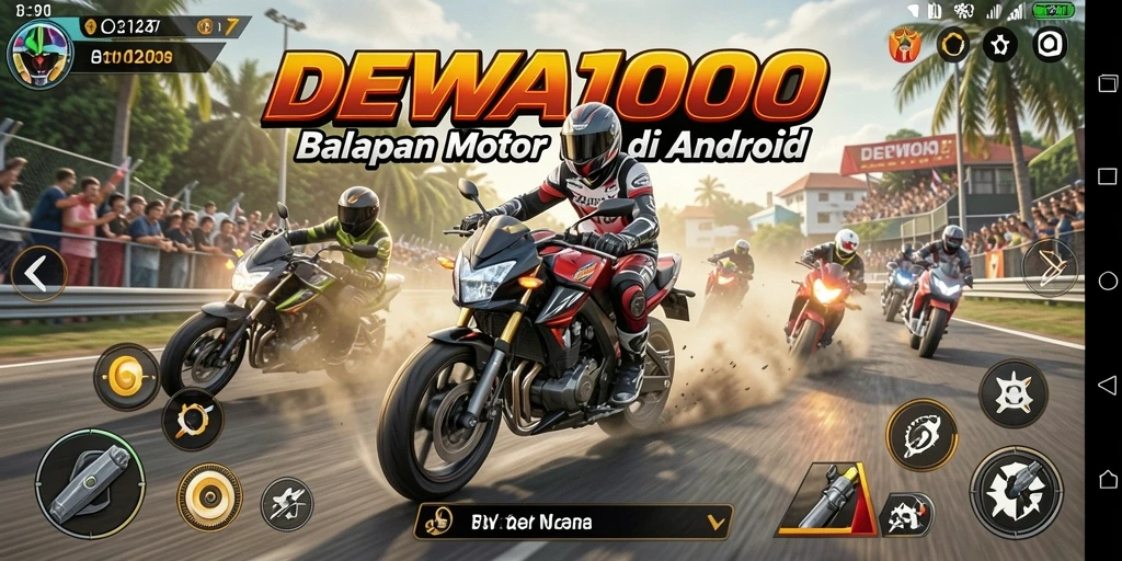 Screenshot gameplay DEWA1000 menunjukkan balapan motor yang mendebarkan.