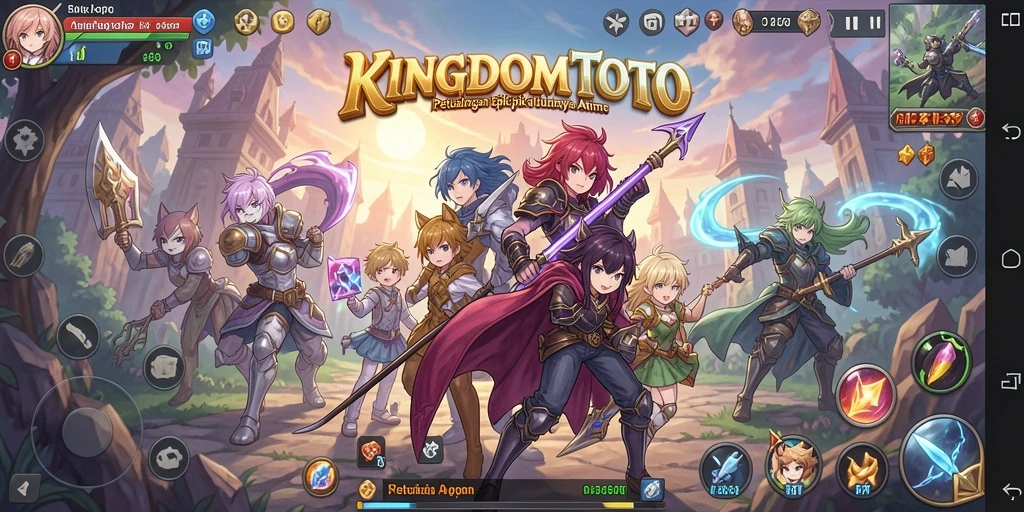 Screenshot KINGDOMTOTO menampilkan momen epic dalam pertarungan karakter anime.