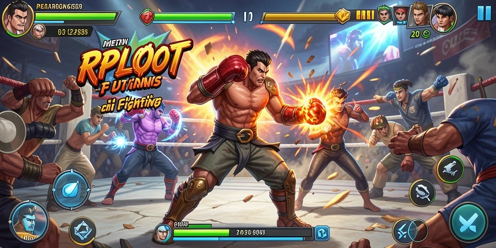 Tangkapan layar utama game RPLOOT menampilkan pertarungan epik antara karakter.