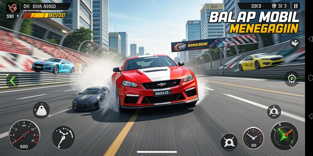 Tangkapan layar S80 menampilkan aksi balap mobil yang mendebarkan di lintasan.